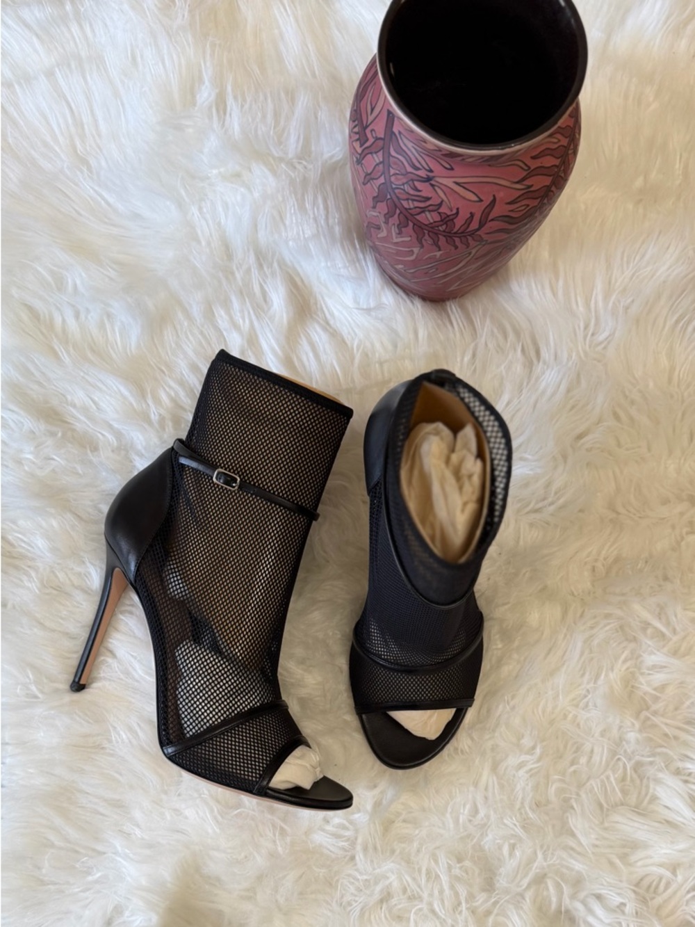 Gianvito Rossi Black Mesh Peep-Toe Stiletto Booties with Ankle Strap - Picture 1 of 7